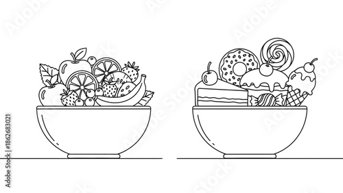 Healthy Fruit Bowl vs. Unhealthy Sweets Bowl Comparison