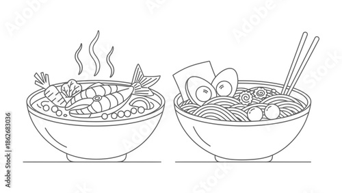 Japanese Ramen and Fish Soup Line Art Icons