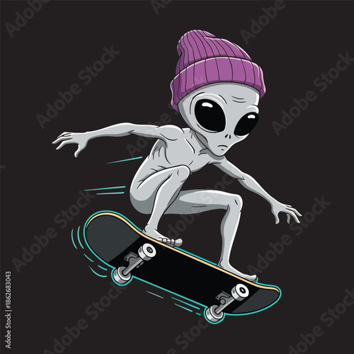 Cool grey alien character wearing beanie hat riding skateboard fast vector illustration.