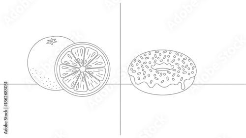 Orange Slice and Sprinkled Donut Line Art