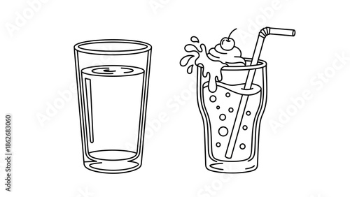 Two Glasses of Drinks: Water and Cocktail with Cherry and Straw