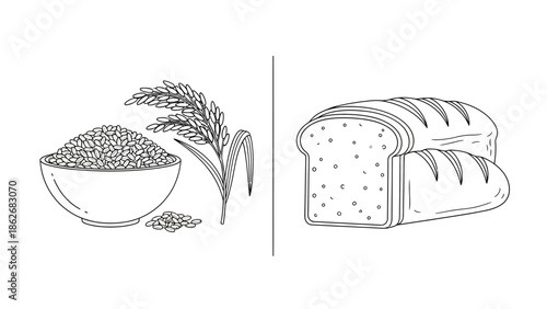 Rice Grains and Wheat Bread Loaves Comparison