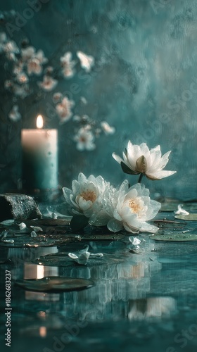 White lotus spa still life zen atmosphere relaxation background peaceful meditation wellness concept