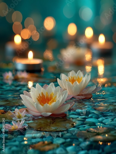 Relaxation background with white lotus spa still life zen atmosphere peaceful meditation wellness concept