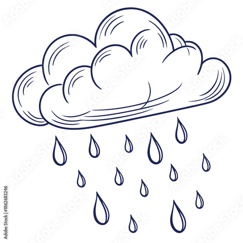 Line Art Cloud with Rain Drops - Minimalist, White BG