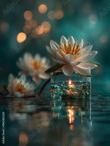 Relaxation background with white lotus spa still life in zen atmosphere for peaceful meditation wellness concept
