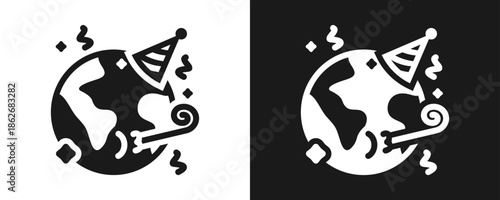 Earth Day Celebration Icon Set Glyph In White And Black Background