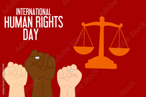 International Human Rights Day banner with raised fists and scales of justice.