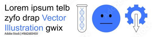 Biotechnology, science processes, data analysis, system efficiency, human emotions, decision-making. Test tube with DNA strand, neutral face gear with arrow. Biotechnology and science concepts