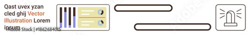 Data analysis, emergency communication, UI design, cybersecurity, system monitoring, workflow management. Abstract elements show data charts, connecting lines and an alert icon. Data analysis
