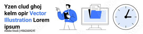 Business management, time tracking, productivity planning, data organization, teamwork, efficiency. A person holding a clipboard, computer folder and clock icon. Business workflow and time tracking