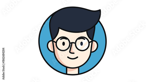Cartoon illustration of a young man with glasses and dark hair.