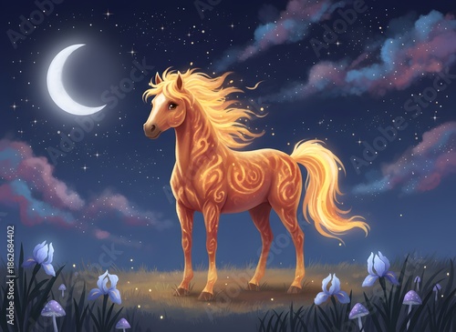 A mystical horse stands under a crescent moon in a serene, starry night landscape surrounded by blooming flowers