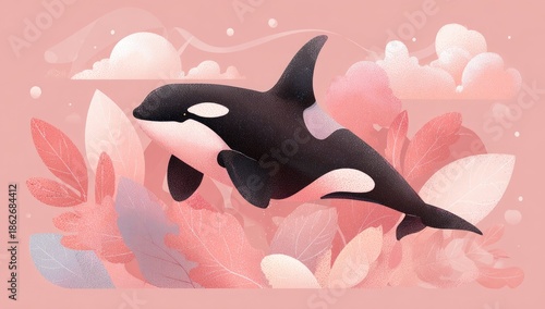 A stylized ornately detailed orca in a soft pink and pastel setting