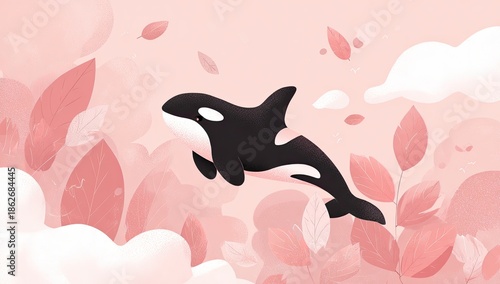 Cute orca in a soft pink and peach landscape
