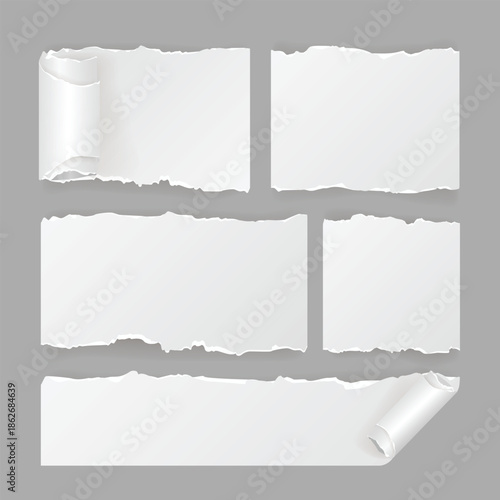 Set of Realistic White Torn Paper Pieces with Rough Edges.