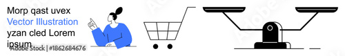 Commerce, e-commerce, online shopping, fair trade, consumer decisions, marketplace equality. A woman points to a text beside a shopping cart and a balance. Symbols of commerce and fair trade