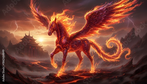 A fiery winged horse stands majestically on a rocky terrain against a dramatic stormy sky