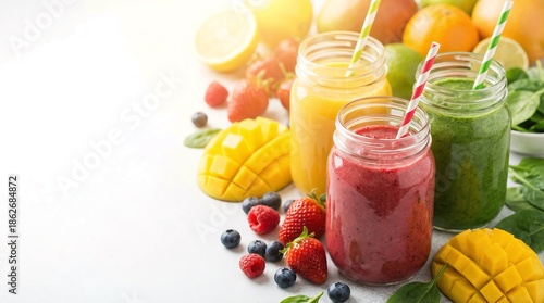 A vibrant and energetic banner with a freshly made fruit smoothie, perfect for a healthy lifestyle promotion.