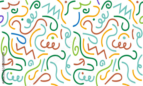 Colorful abstract line art pattern featuring hand-drawn squiggles zigzags and swirls on a white background.