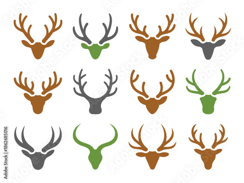 Deer head icons with varied antler designs serve as versatile graphic.