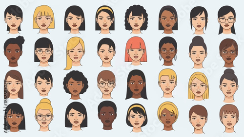 Diverse Collection of Womens Faces - A Study in Expression and Style.