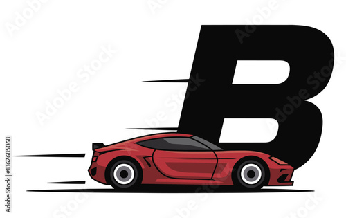 Speeding red sports car logo graphic drives past a large capital letter B.
