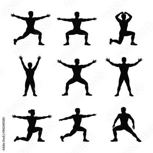 Silhouettes show diverse group performing dynamic stretching.