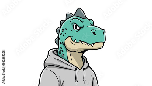 Cartoon Dinosaur Character Wearing Hoodie, Ready for Adventure.