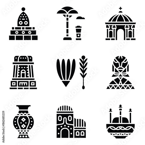 Collection of solid black icons representing cultural landmarks.