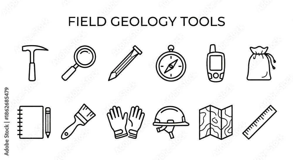 Fototapeta premium Different tools used in field geology for rock and soil exploration and data collection in outdoor settings