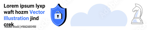 Data security, cloud storage, risk management, strategic planning, cybersecurity, digital solutions. Shield with lock, cloud and chess knight. Data security and cloud storage concepts