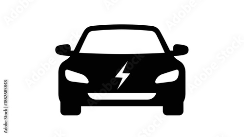 Electric vehicle (EV) icon. Front view of a modern car with lightning bolt symbol. Concept of eco-friendly transport, green energy, and future technology.