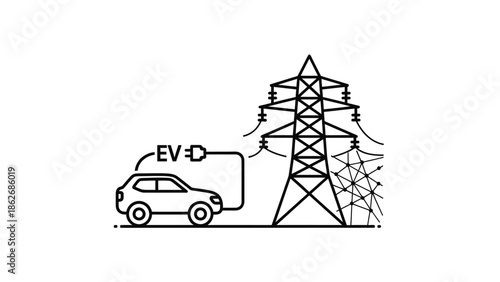 Electric vehicle (EV) charging from power grid infrastructure line icon.