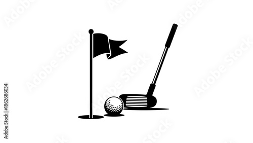 Golf equipment icon with club, ball, and flag hole.