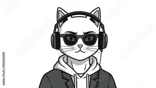 Cool Cat Avatar with Headphones and Sunglasses in Black and White.