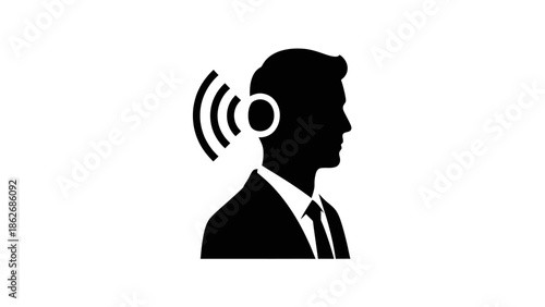 Silhouette of a businessman with hearing aid and sound waves icon.