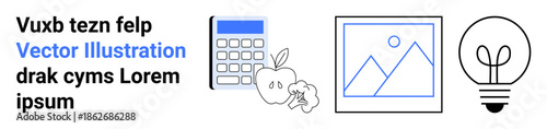 Education, creativity, technology, design, learning tools, conceptual ideas. A calculator, apple framed image and light bulb icons on white background. Education and creativity concepts