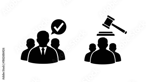 Legal judgment and candidate selection icon set with gavel and check mark.