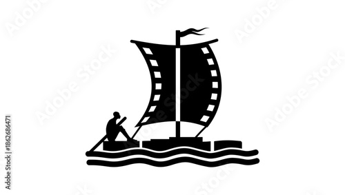 raft with a film sail, black isolated silhouette