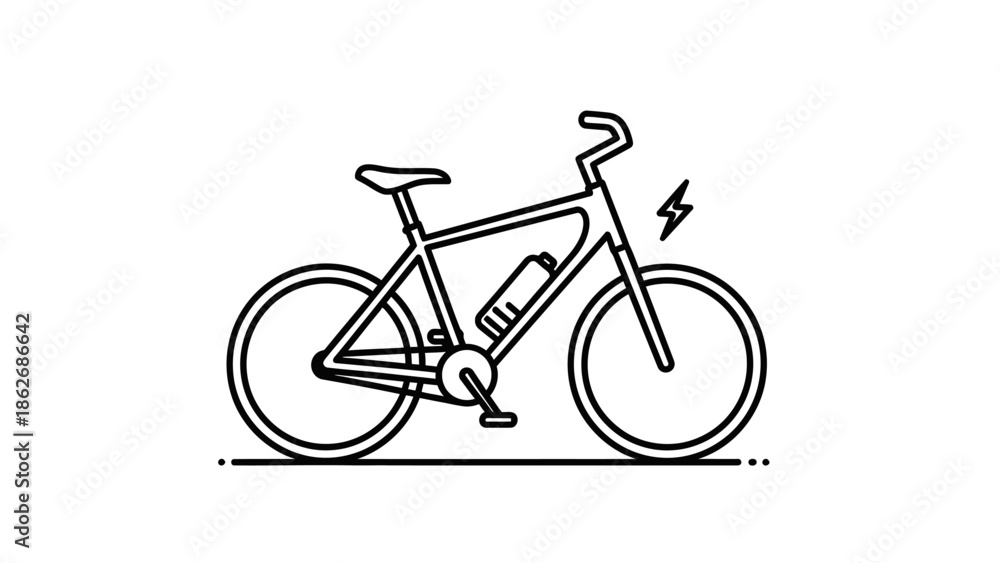 Fototapeta premium Electric bicycle line icon with battery and bolt symbol.