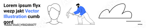 Workforce, productivity, minimalism, nature, weather, abstraction. Minimal human face outline, worker digging with a pickaxe and abstract cloud. Workforce and productivity illustrated conceptually