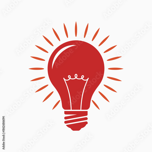 Red lightbulb icon with radiating rays, symbol of new ideas, innovation, and creative solutions.