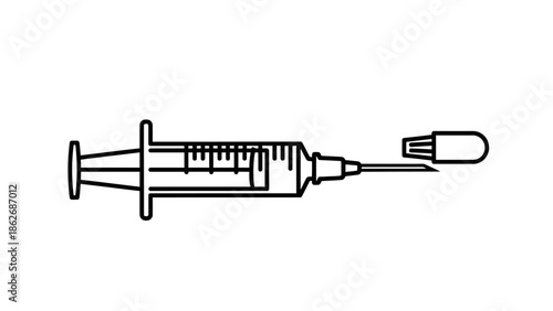 Medical syringe icon with needle and cap for vaccination and injection
