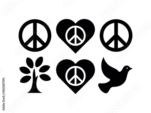 Peace symbols, hearts, a tree, and a dove are shown in a graphic display.