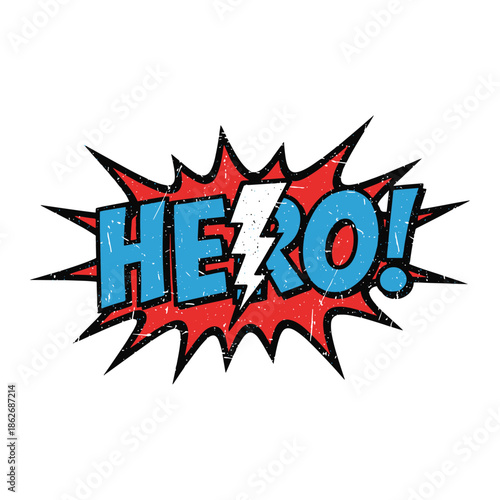 Comic pop art style Hero text with lightning bolt and grunge effect vector illustration.