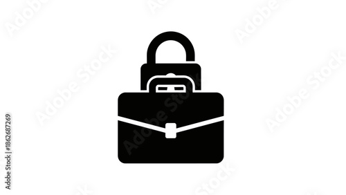 Business briefcase icon with padlock symbol, security and data protection concept silhouette.