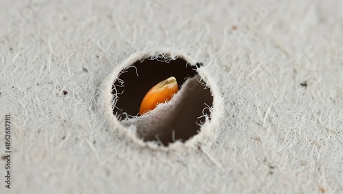 Single seed viewed through a handcrafted paper hole, close up shot
