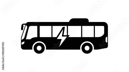 Electric bus icon with lightning bolt symbol, black silhouette of eco-friendly public transport isolated on white background.