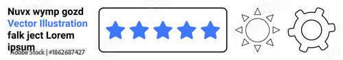User experience, customer satisfaction, quality assurance, process optimization, service improvement, and rating systems. Five stars with gear and sun icons review and performance concepts. Customer